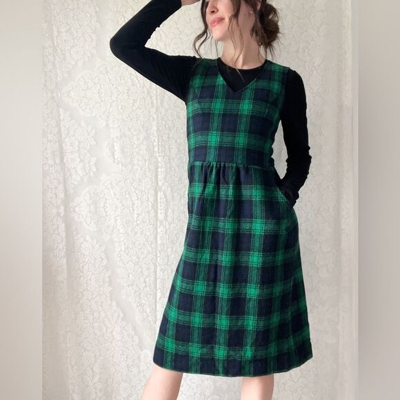 Vintage Wool Plaid V-Neck Lanz Original Midi Dress with Pockets - Picture 2 of 15